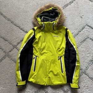 Goldwin snowboarding ski jacket coat lime yellow green black fur hood 4